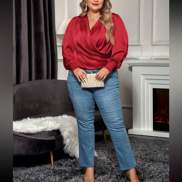 Luxe hot pink bishop sleeve surplice neck shirred cuff blouse - Picture 10 of 16